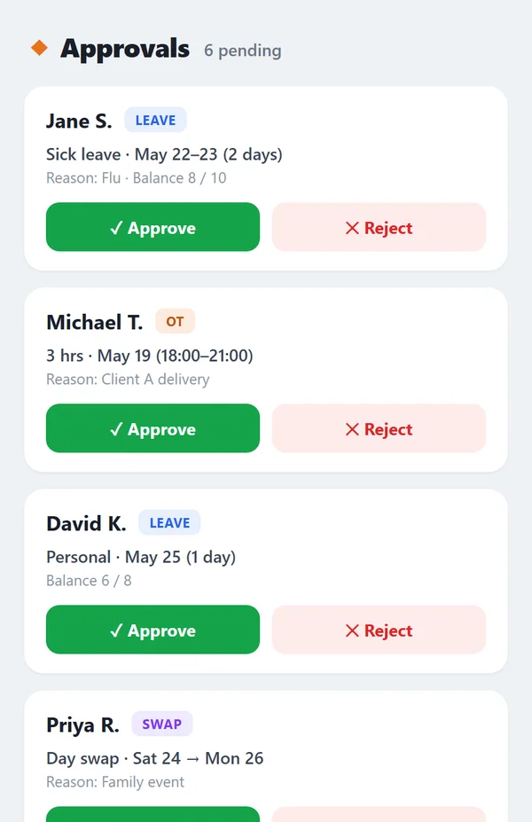 Time-tracking app — leave and OT approval inbox (illustrative data)