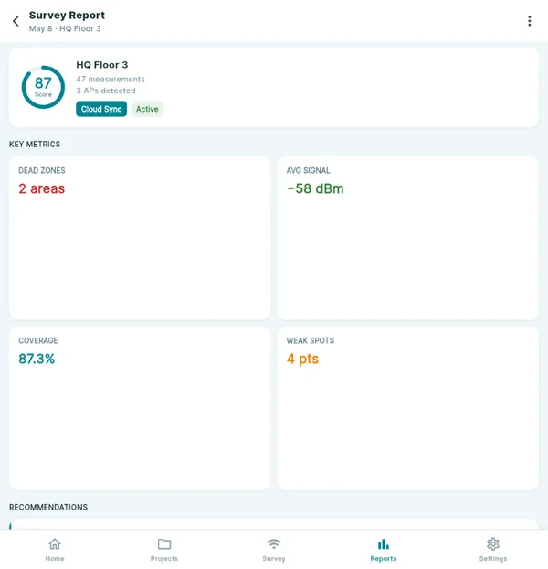 WiFi survey app — coverage score, signal, and dead-zone report (illustrative data)